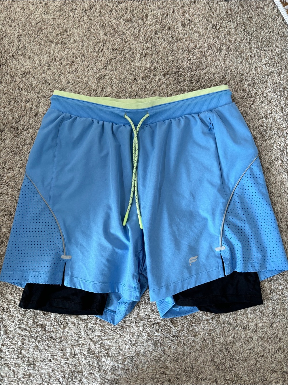 Fabletics Men's Light Blue Performance Running Shorts with Inner Liner